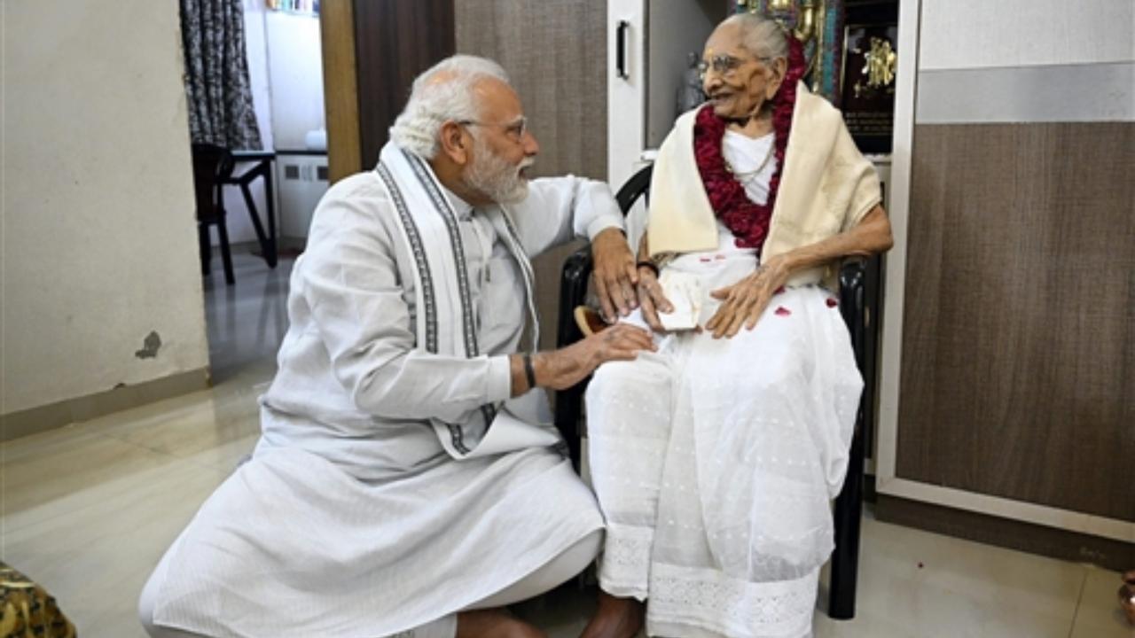 Prime Minister Narendra Modi meets his mother Heeraben Modi on her birthday this year in Gandhinagar. Heeraben, who was admitted to Gujarat's UN Mehta hospital, passed away on Friday, Dec. 30, 2022